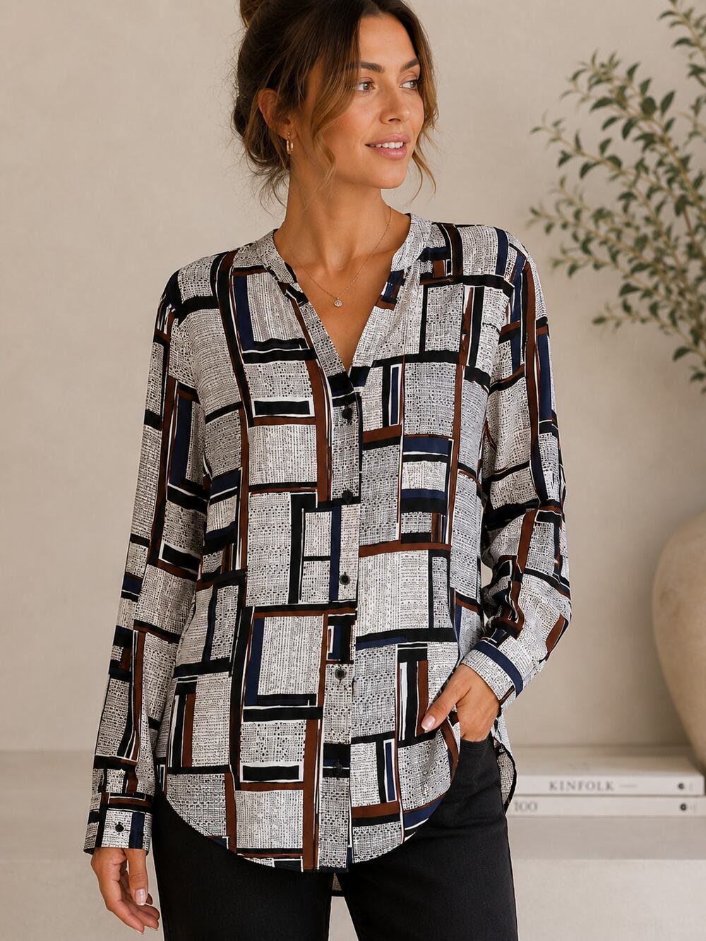 Geometric Print Button-Up Blouse in Black, White & Brown
